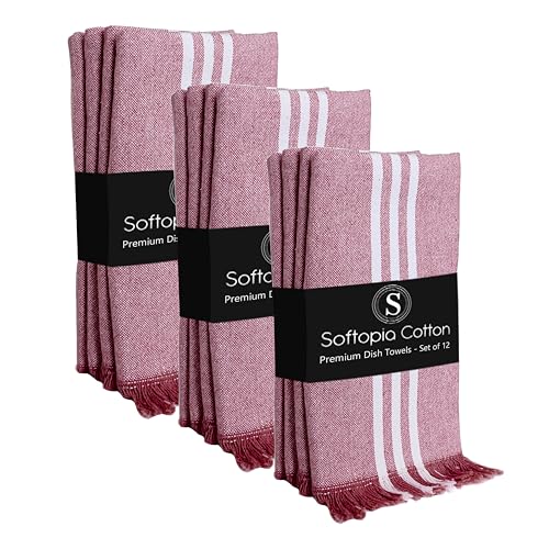 Image of Prewashed Stripe Dish Towels 12 Pack, 16x26 Inches, Absorbent Hand Towels for Kitchen Use, Quick Dry Cloths for Cleaning, Durable Washable Rags, Reusable Dishcloth Set - Burgundy Wine
