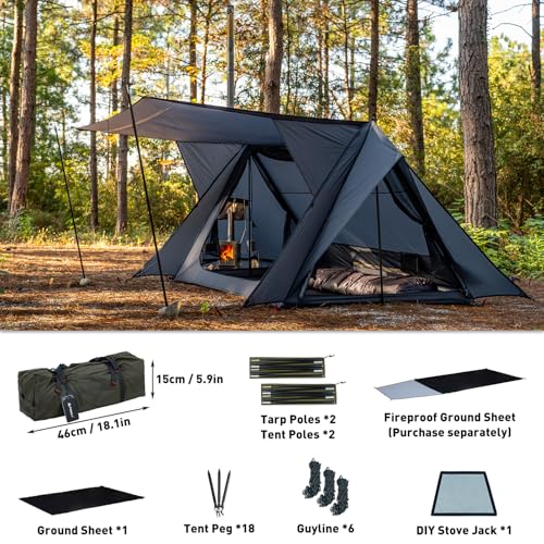 Image of POMOLY Hot Tent Bushcraft Tent, STOVEHUT 20 Ultralight Shelter with 4 Poles for 1-2 Person Camping, Hiking, Backpacking (Blue Grey)