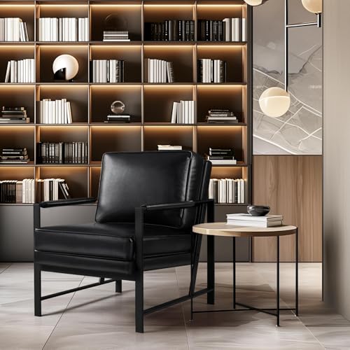 Image of Yaheetech Mid-Century Accent Chair, Modern Armchair, Black | Oversized Faux Leather Chair with Soft Cushion, Ergonomic 105 Back, Reading Chair for Living Room, Bedroom and Waiting Room