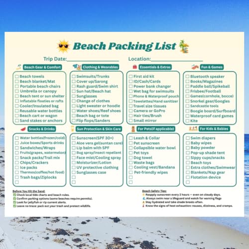 Beach Packing List – Laminated Reusable Beach Vacation Checklist for Families & Groups – Essential Trip Packing List for Travel, Organization, and Peace of Mind