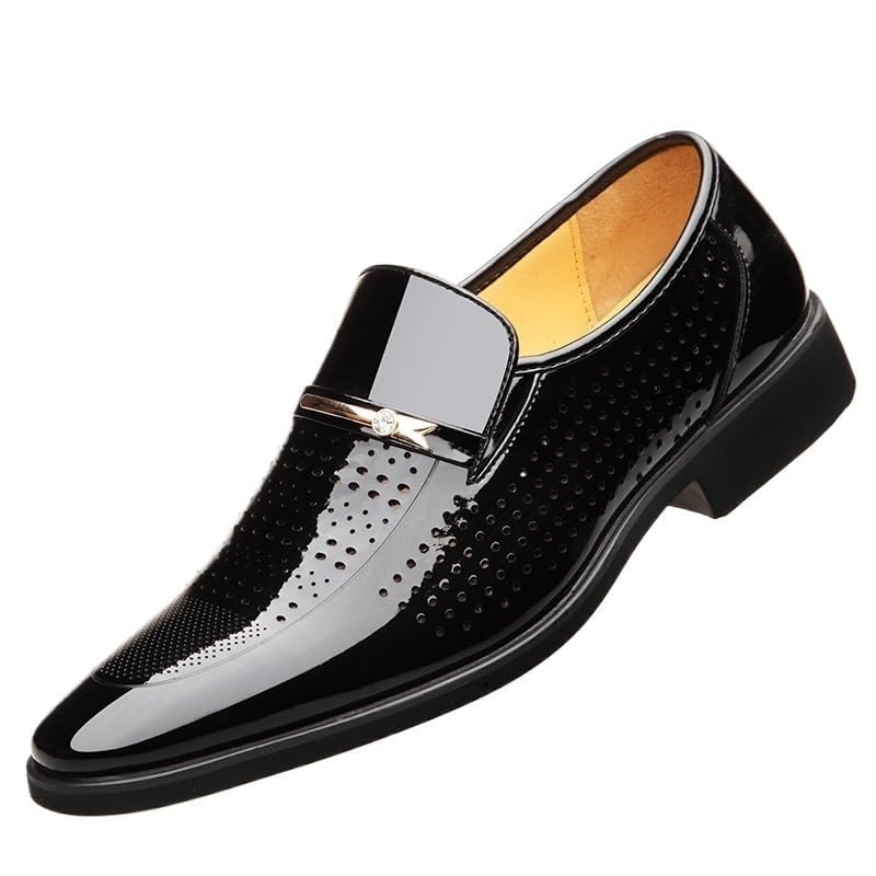 YZABEL Men's Patent Leather Pointed Toe Slip On Oxfords Dress Shoes, Summer Breathable Hollow Business Casual Shoes, Lightweight Comfortable for Formal Business Wedding