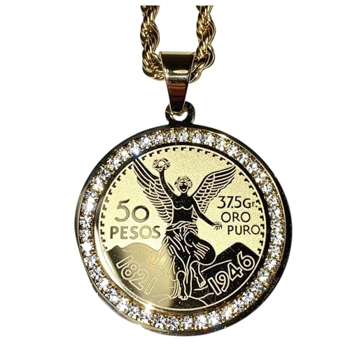 Shop-iGold Mexican 50 Pesos Coin Centenario Pendant Necklace Men & Women 14k Gold Finish Iced Out Moneda Medallion 925 Italy Stainless Steel 2.5mm Rope Chain (20 NECKLACE)