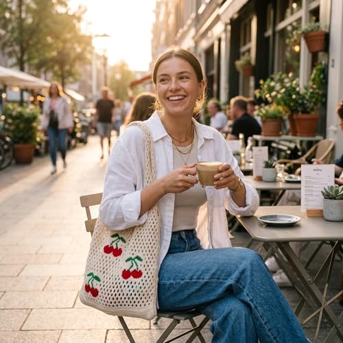 Image of CHERRY Pattern Crochet Tote Bag for Women - Beige Knit Shoulder Handbag, Lightweight Large Capacity Summer Beach Bag, Shopping, Travel & Daily Use Casual Tote