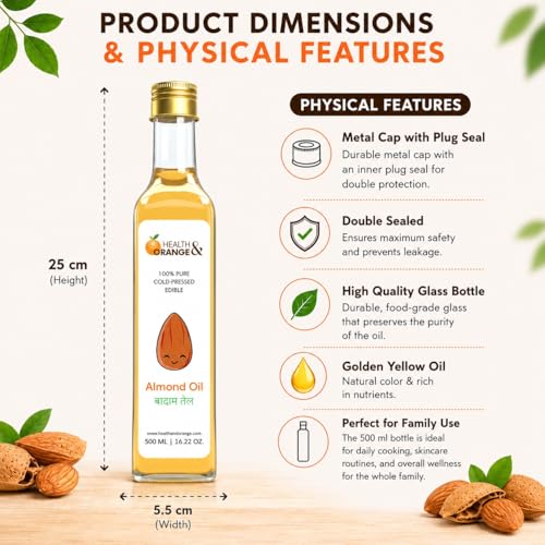 Image of H&O Sweet Almond Oil - 100% Pure Cold Pressed Edible Badam Tel - 500ml Glass Bottle - For Healthy Skin, Hair and Body