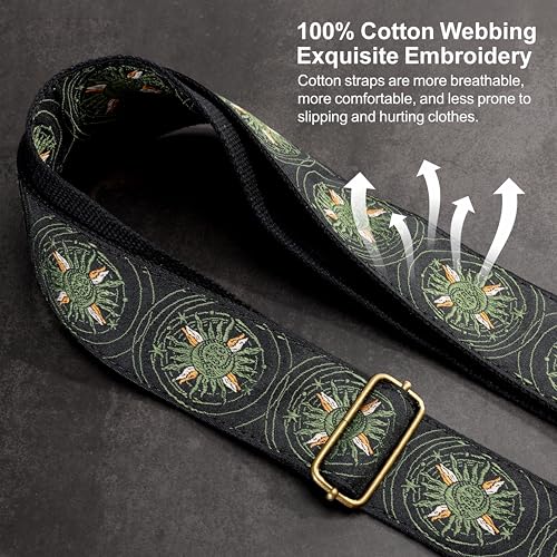 Image of Nefelibata Guitar Strap,Jacquard Embroidery Cotton Guitar Straps with Crazy Horse Leather Ends for Bass, Electric & Acoustic, Best Gifts for Kids, Guitarists(Military Green Sun Embroidery)