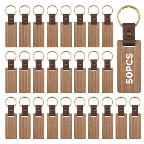OMTech 50pcs Wooden Keychain Blanks, 2.6 x 1.2 in Rectangle Wood Key Chain Bulk with Leather Straps, Unfinished Wooden Key Rings Key Tags for Laser Engraving Keychain Making DIY Craft Gift Accessories