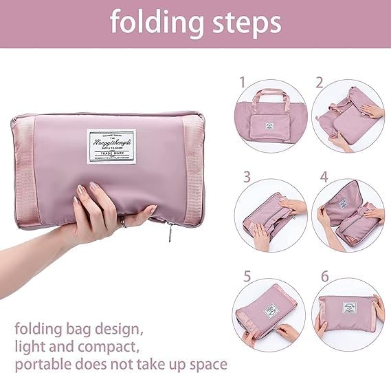 Image of Large Capacity Folding Travel Tote Bag, Oxford Fabric Waterproof Lightweight Foldable Travel Duffel Bag, Portable Expandable Travel Bag, Dry and Wet Separation Carry On Bag for Airplanes (Pink)