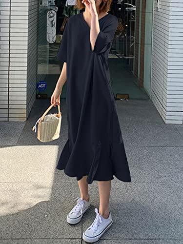 Zanzea Women V Neck Short Sleeve Holiday Summer Fishtail Swing Fared A Line Casual Vacation Cocktail Solid Color Maxi Dress Black-J29046 4X-Large #TOP2