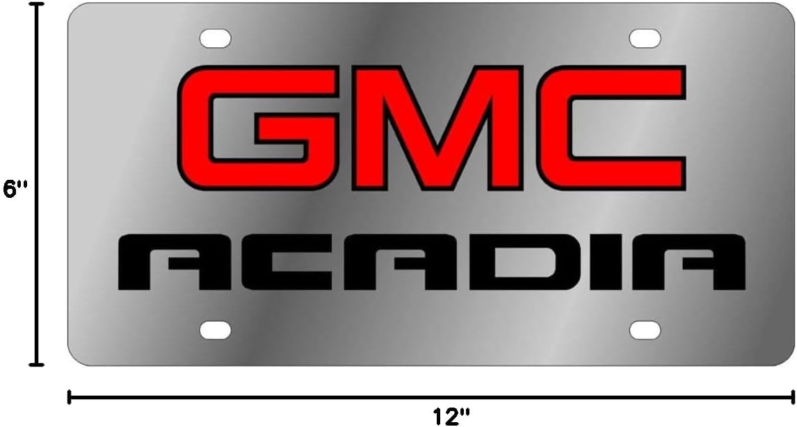 Eurosport Daytona- Compatible with -, GMC Acadia Logo, Black Outline with Red Fill Logo, Black Word - Stainless Steel License Plate