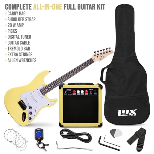 Image of LyxPro 39 inch Electric Guitar Kit Bundle with 20w Amplifier, All Accessories, Digital Clip On Tuner, Six Strings, Two Picks, Tremolo Bar, Shoulder Strap, Case Bag Starter kit Full Size - Retro Yellow