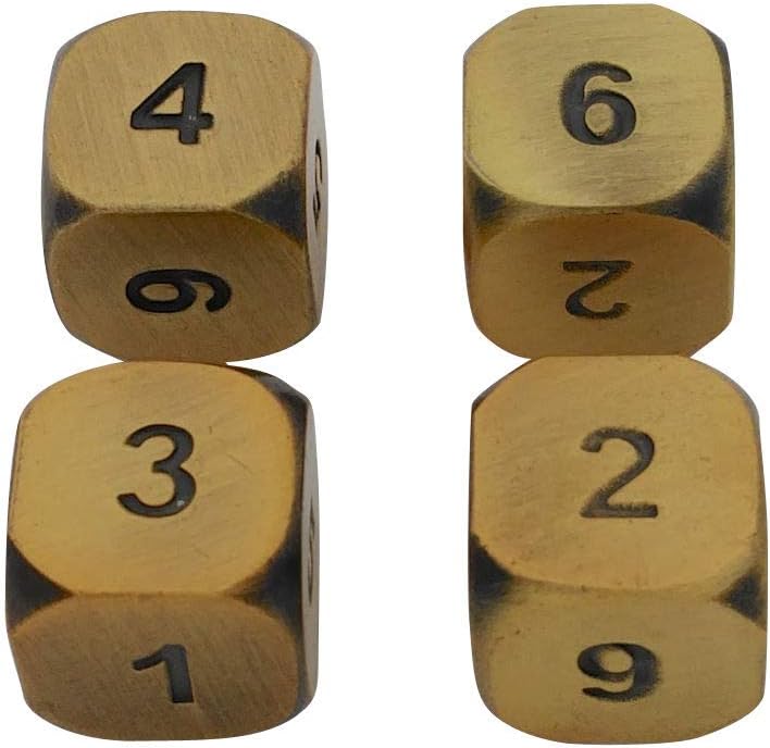 4 Packs of Solid Metal RPG Polyhedral Dice 6 Sided (D6), Antique Gold Color with Black Numbering Metal Dice Set by SkullSplitter Dice