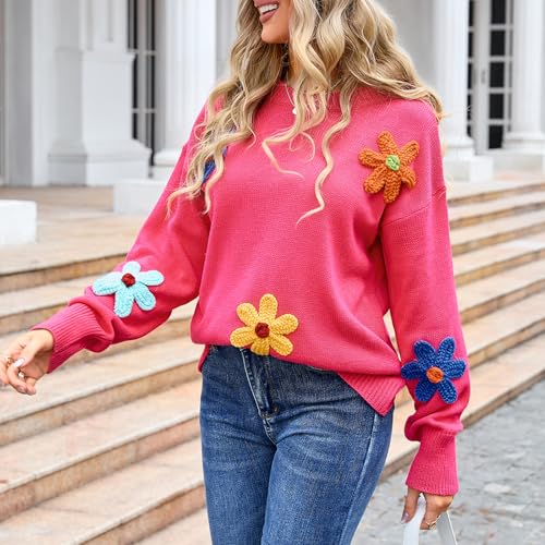 NUFIWI Women Colorful Floral Sweater Long Sleeve Crewneck Daisy Flower Knit Pullover Jumper Fall Fashion Winter Clothes2