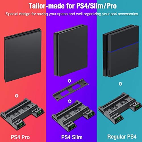 PS4 Cooling Fan Vertical Stand Cooling for PS4 Slim/ PS4 Pro/ Regular PlayStation4, PS4 Controller Charger Station for Dual Charging, PS4 Accesossries with Game Storage for Playstation Consoles