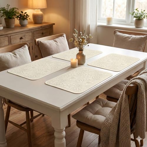 Image of YELONA Leather Dining Table Placemats Set of 4 - Waterproof, Heat Resistant, Anti-Slip, Easy to Clean Table Mats for Dining Table, Kitchen & Home Decor (Light Beige, 40 x 30 cm)