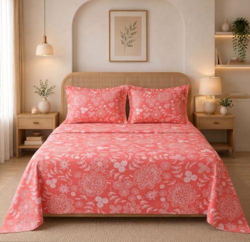 Image of HOMEKART Glace Cotton 160 TC Leaf Printed Double Bedsheet with 2 King Size Pillow Covers | Soft & Durable | 86 x 88Inches (Red)