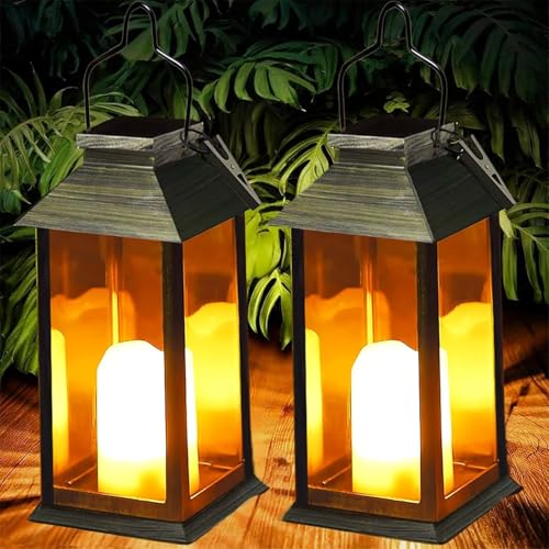 Yowin Lanterne da Esterno 2 Pezzi Lanterna Solare da Giardino con Candele Tremolante, Lampada Solari da Appendere Impermeabile Lampade da Tavolo per Arredo Terrazzo Balconi Decorazioni - Bronzo