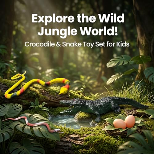 Image of ZESTHOME Crocodile & Snake Toy Set for Kids - Big Crocodile with Sound, Large Snake, Baby Snake with Eggs | Non-Toxic PVC Jungle Animal Toys for Learning, Pretend Play & Gift (Age 3+)