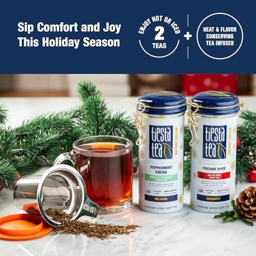 Image of Tiesta Tea - Holiday Cheer Tea Gift Set, Loose Leaf Holiday Blends with Infuser, Non-Caffeinated, Stainless Steel Brewbasket & 2 Refillable Tin Combo, Fireside Spice & Peppermint Cocoa