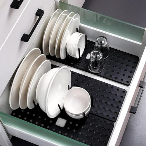 Image of Pegboard Kitchen Drawer Organizer Utensil Tray Divider for Bowls, Plates & Cutlery Storage, Expandable Drawer Organizer for Kitchen Cabinet & Dish Drying Rack