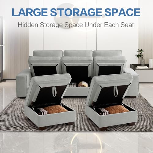 Image of TEKAMON 100 inch Modular Sectional Sofa with Seats Storage, L Shape Couch with Movable Ottoman for Living Room, Couch with Chaise, Solid Wood Frame, Spring Cushions, USB Port, Removable Covers, LightGrey
