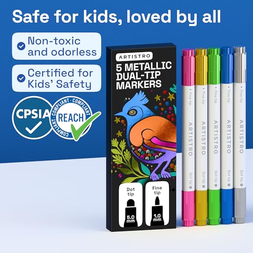 Image of ARTISTRO 5 Metallic Dual-Tip Acrylic Paint Markers - Paint Pens Set with Dot & Fine Tips for Fabric, Rock, Glass, Wood, Coloring Books - Arts & Crafts Gift - Classroom Must Haves & School Supplies