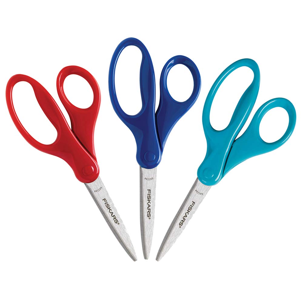 Fiskars 7" Student Scissors for Kids 12-14 (3-Pack) - Scissors for School or Crafting - Back to School Supplies - Red, Blue, Turquoise