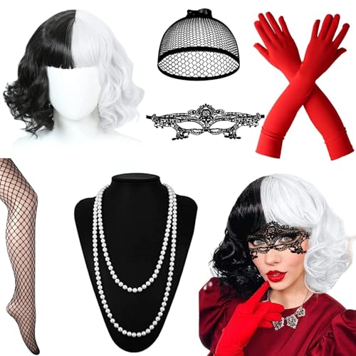 Saier tbo 7 Pièces Halloween Cruella Déguisement Accessoires pour Femme, Devil Cruella Perruque Costume avec Perruques Masques Colliers Gants Bas Résille...