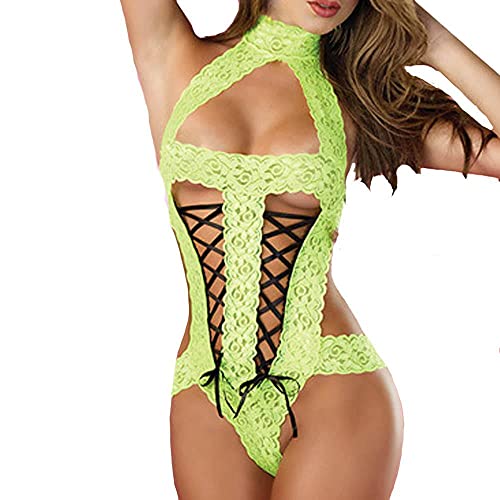 Lingerie for Women Bodysuit Womens Sexy Bondage Teddy Lingerie Leather Strappy Hollow Teddy Halter One Piece Babydoll Mini Bodysuit Clubwear Green