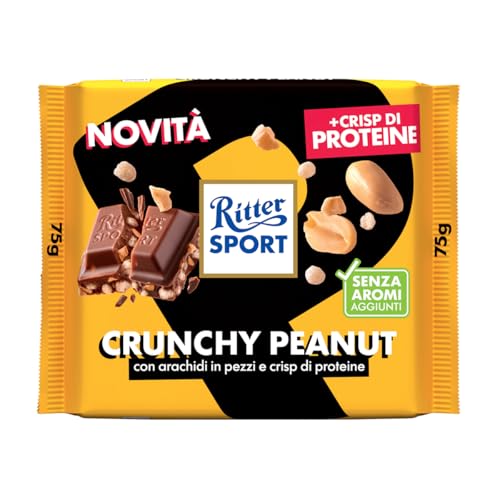 RITTER SPORT Chrunchy Peanut, Tavoletta di Cioccolato al Latte con Arachidi in Pezzi e Crisp di Proteine, 75g