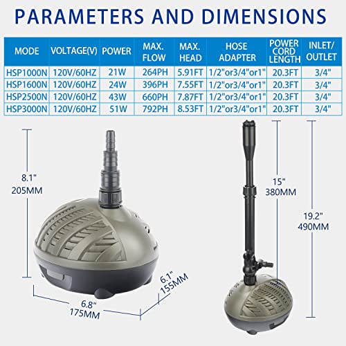 Oyo Water 264Gph Pond Pumps Submersible Outdoor Water Fountain Pump With Fountain Kits 4 Spray Heads Hsp-1000N #TOP2