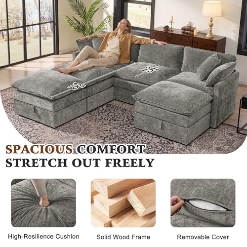 Image of Ihanherry Oversized Sectional Sofa Bed with Storage, 103 inch 6-Seater Modular Cloud Couch with Movable Ottomans, Chenille Deep Seat Sleeper Couches for Living Room (Grey)