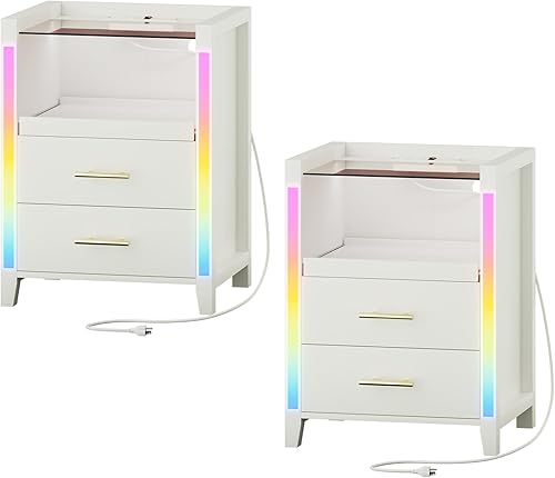 Juego de 2 mesitas de noche con estación de carga, luces LED, mesita de noche con estante extraíble y 2 cajones, mesita de noche con mesa de vidrio