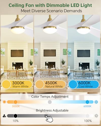 Image of Sofucor 60 Inch Smart Ceiling Fan with Lights, 3 ABS Blades, Golden+White | Alexa /APP /Remote Control, Modern, Quiet DC Motor, 3CCT Dimmable, 6 Speeds, Indoor /Outdoor /Bedroom /Living Room /Patio /Kitchen