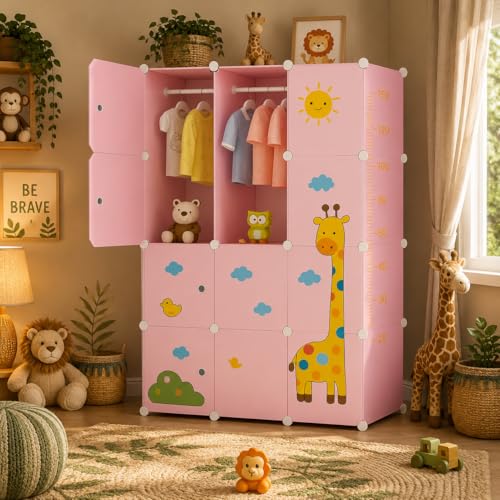 Image of Mevigo Foldable Plastic Wardrobe for Clothes - 12- Door Baby Cupboard for Clothes Storage, Wardrobe for Kids, Plastic Almirah, Collapsible Wardrobe for Kids Livingroom & Home (Pink- R4, 12- Door)