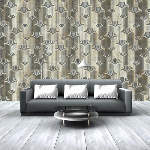 Image of Wallpaper Self Adhesive Wall Covering Elegant Semi-Circular Arches with Gold and Gray Concentric Lines (41cm x 244cm)
