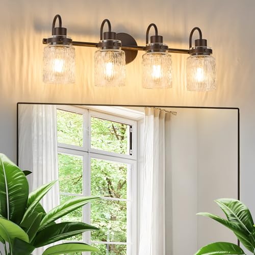 Image of 4 Lights Hammered Glass Bathroom Vanity Light, Oil Rubbed Bronze