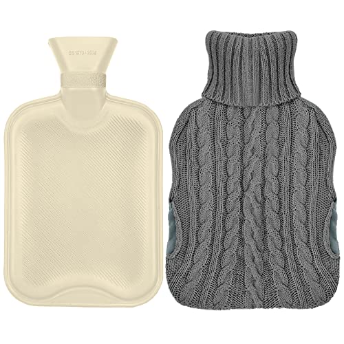 Bolsa de Agua Caliente, 2L Botellas de Agua Caliente Antifugas con Funda de Punto para Cama, libre de Bpa, inodoro, para aliviar el dolor dolor dolor terapia fría caliente (Gris) Cover