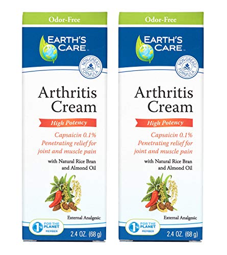 Earth's Care Arthritis Cream with 0.1% Capsaicin, No Parabens, Colors or Fragrances, Odor Free 2.4 OZ. (2 Tubes)