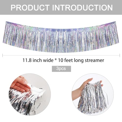 Image of BEISHIDA 3 Packs 30 Feet Metallic Foil Fringe Garland Tinsel Streamers，Laser Silver Wall Hanging Tinsel Fringe Banners for Wedding Birthday Party Decoration Halloween Christmas New Year