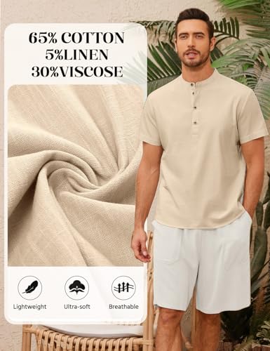 Vijamiy Camiseta Lino Hombre Camisas Manga Corta Verano Casual Camisas Elegante Algodón con Botónes Shirt Regular Fit(Beige,XL)