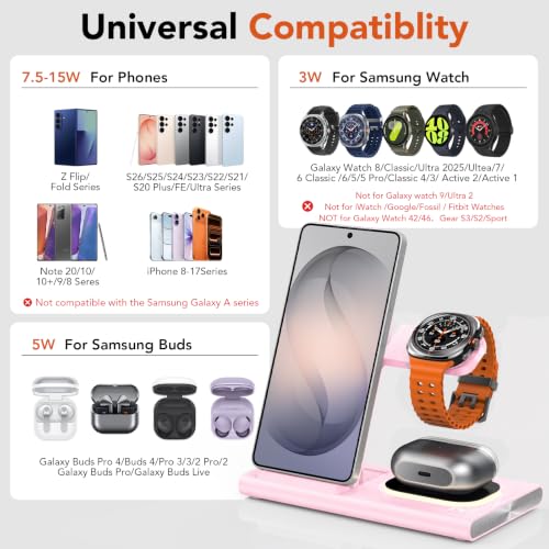 Image of Wireless Charger for Samsung Charging Station, Foldable & Nightlight | 3 in 1 Charging Station for Samsung S26-S10 /Note /Z Fold Flip8,Travel Charger for Galaxy Watch 8-1 /Buds,Not for Watch 9 /Ultra2