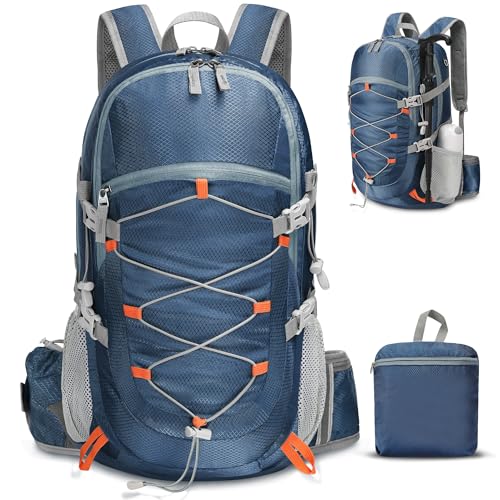 ZOMAKE Wanderrucksack Faltbarer Damen 35 L Leichter Rucksack Wasserdicht Trekkingrucksack mit Hüftgurt Reiserucksack Herren für Radfahren Camping(Dunkelblau)