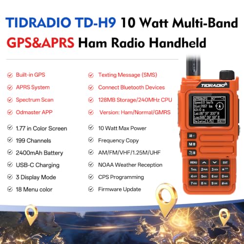 Image of TIDRADIO TD-H9 10Watt GPS&APRS Ham Radio Multi-Band;Capable of Bluetooth Connectivity; Wireless Programming; Spectrum Analysis;SMS Message Text; NOAA Weather Receiver Handheld Two Way Radio (Orange)