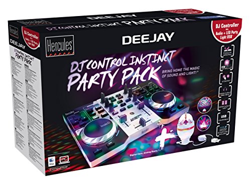 Image of HERCULES INSTINCT S PARTY PACK ultra-mobile USB DJ Controller with Audio Outputs for use with your Headphones and your Speakers + Stand-alone 3-watt USB rotary RGB LED light