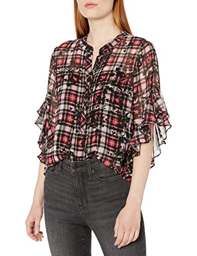 Vince Camuto Women's Flutter Sleeve Silhouette Plaid Split Neck Top, Rich Black, Small