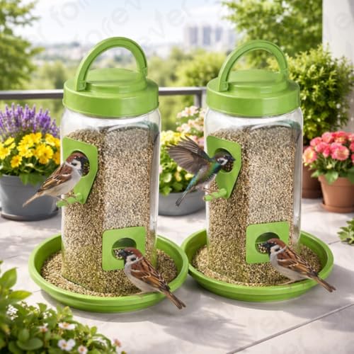 Image of FORREVER 2-in-1 Wild Bird Feeder & Waterer Combo - Hanging Green Feeder with Integrated Water Tray - Outdoor Bird Feeding Station for - Large Capacity & Easy to Clean (2 Feeder)