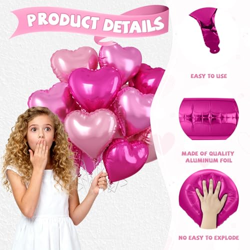 Image of Pastel Pink Heart Balloons, 10 Pcs Hot Pink Heart Shaped Balloon, 18 Inch Light Pink Rose Red Foil Balloons Helium for Girls Women Princess Brithday Bridal Baby Shower Valentines Party Decorations