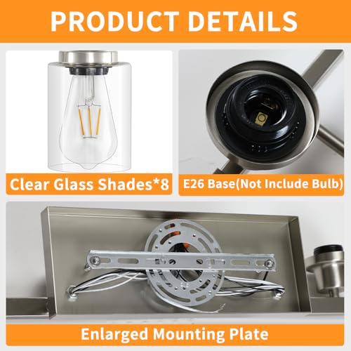 Image of 52inch Brushed Nickel Vanity Light Fixtures, 8 Light Brushed Nickel Bathroom Vanity Lights Over Mirror, Matte Nickel Modern Bathroom Wall Lighting for Mirror Bedroom,Living Room