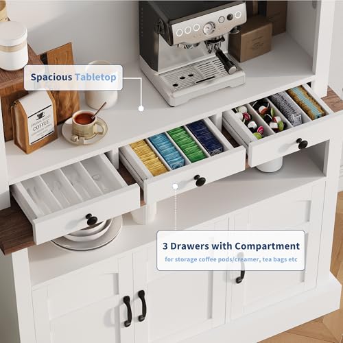 Coffee Bar Cabinet with LED Light, 72" Tall Farmhouse Coffee Bar Hutch with Storage, Sideboard Buffet Cabinet with Microwave Stand/Glass Shelf/6 Hooks/3 Drawers for Kitchen Living Dining Room, White