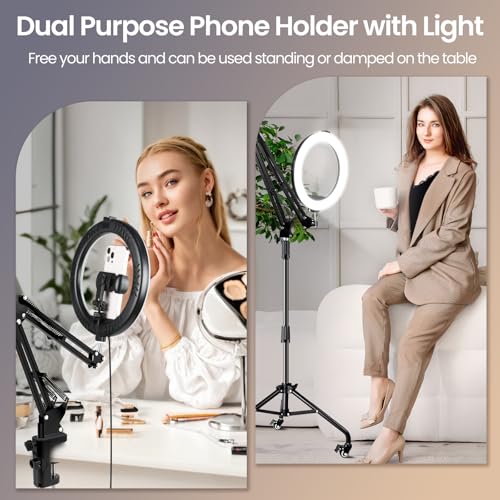 Ring Light Overhead Phone Mount with Casters, Dual-Purpose Floor/Desk Light Tripod for iPhone, Selfie Phone Tripod for Video Recording/Live Streaming/Cooking